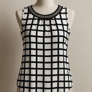 Sleeveless Black & White Grid Print Top with Embellished Neckline